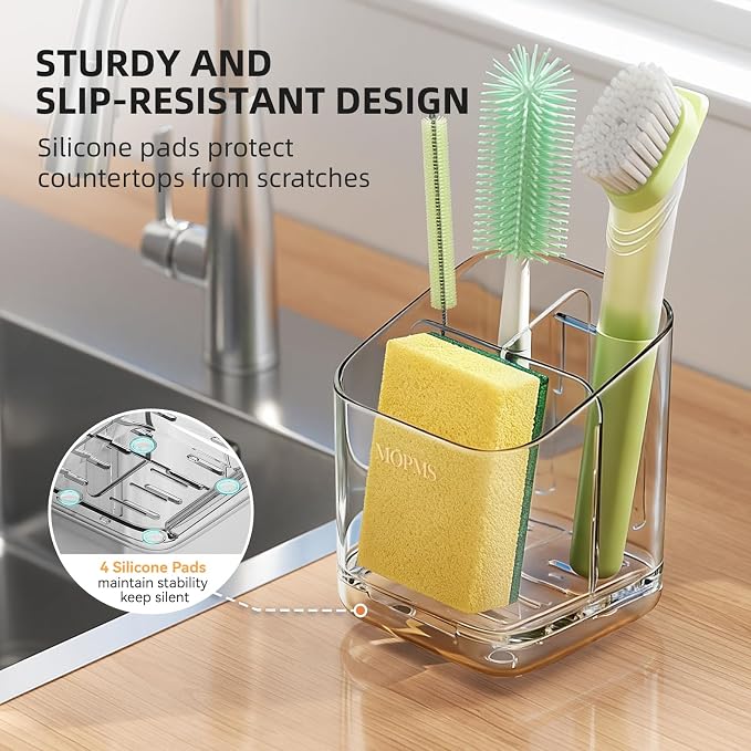 MOPMS Kitchen Sponge Holder with Drip Tray, Sink Caddy Organizer | Clear PET Kitchen Storage Rack Holds Brushes with Removable Divider, Durable Countertop Holder Space-Saving