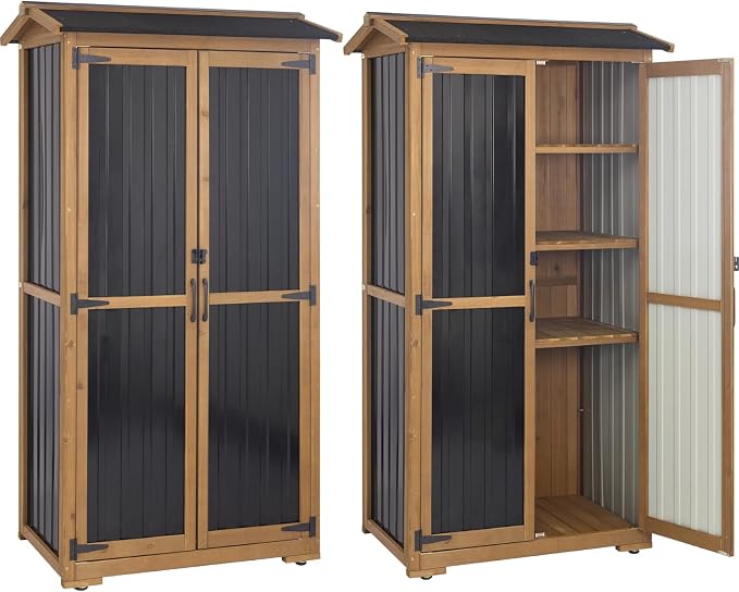 Storage Cabinet Outdoor Garage Cabinets with 3 Adjustable Shelves, Lockable Door, Wood & Metal Weather-Resistant Pantry Cabinet for Patio Garden Home Farm (33.3" Lx 21" Wx 69" H)