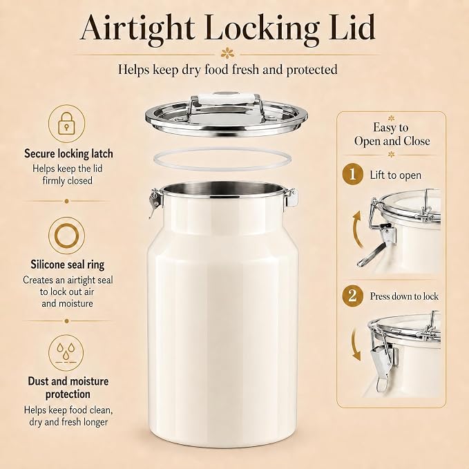 35 lb Dog Food Storage Container, Airtight 304 Stainless Steel Bin | 32 Qt capacity, locking lid, silicone seal ring, top handle, 1 cup scoop, for kibble, dogs and cats