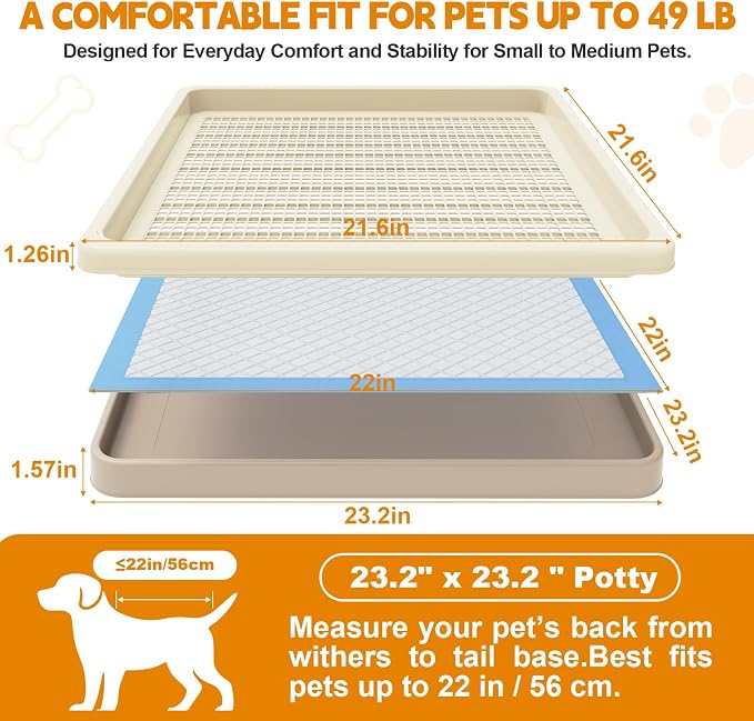 Dog Potty Tray Fits 22 x 22 In Pee Pad, Potty Training for Puppy Pad Holder | No More Torn Pee Pads, Smooth Dry-Paw Grid, Easy-Clean, Leak-Resistant Indoor Dog Potty For Apartments Balconies Rainy Days