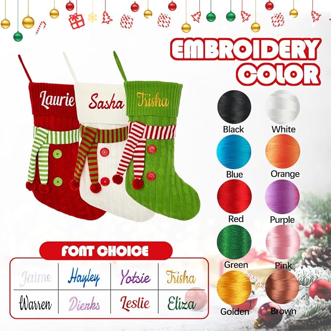 Personalized Christmas Stockings, Custom Name Knit Scarf Christmas Stockings for Kids, 18" Large Xmas Stockings Hanging Ornament for Holiday Fireplace Decoration (2 Pcs)