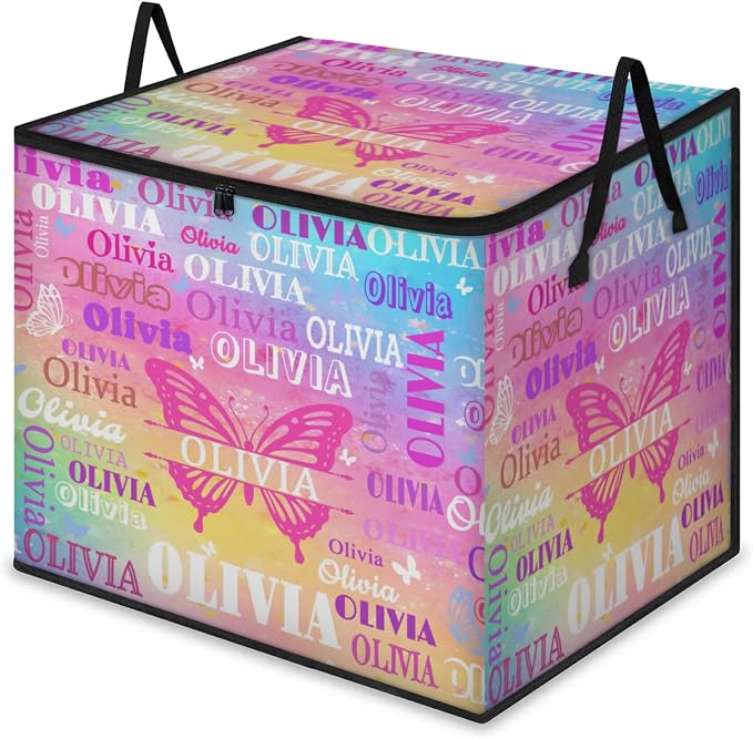 Personalized Name Large Storage Basket with Lid, Canvas Butterfly Storage Bins Quilt Clothes Organizer for Bedroom, Kitchen, Bathroom, Nursery, Shelves, Closets, Watercolor Painted Rainbow Colorful