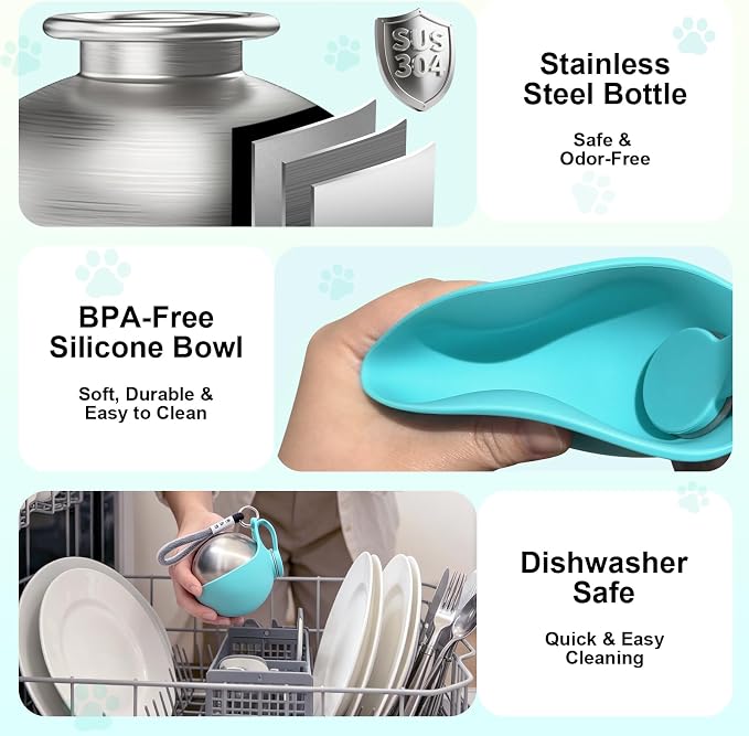 Drain-Back Stainless Steel Portable Dog Water Bottle with Bowl for Walks