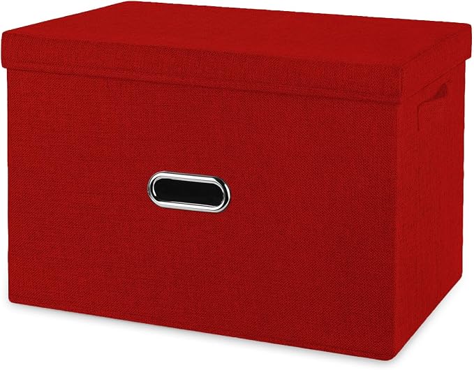 Large Linen Fabric Foldable Storage Bins with Removable Lid and Handles, Washable Storage Box Organizer Containers Baskets Cube with Cover for Bedroom,Office(Red, XXL)