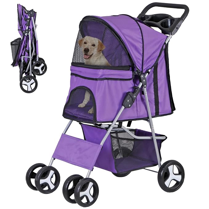 4 Wheels Dog Stroller Folding Pet Strolling Cart for Small Medium Cats Puppies Portable Jogger Travel Camping Puppy Carrier with Storage Basket Cup Holder, Purple