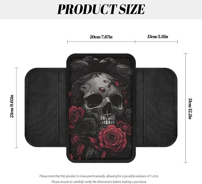 Howilath Car Armrest Console Cover Cushion Pad with 2 Bags | Raven Rose Skull Scratch-Resistant, Machine Washable, Fit for Long Commutes and Road Trips