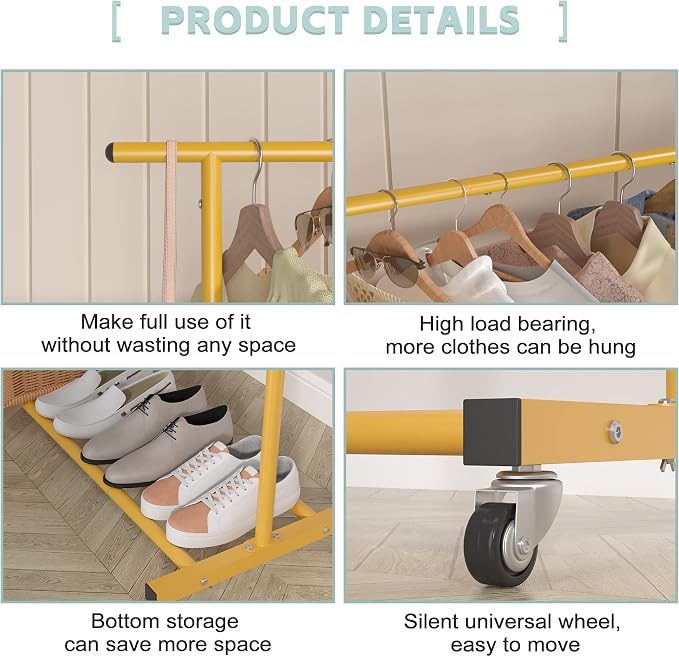 Sywhitta Double Rod Metal Clothing Garment Rack on Wheels, Gold | Rolling Clothes Organizer, for Hanging Clothes,Coats,Easy to Assemble,Space-Saving,Mobile Organizer for Closet