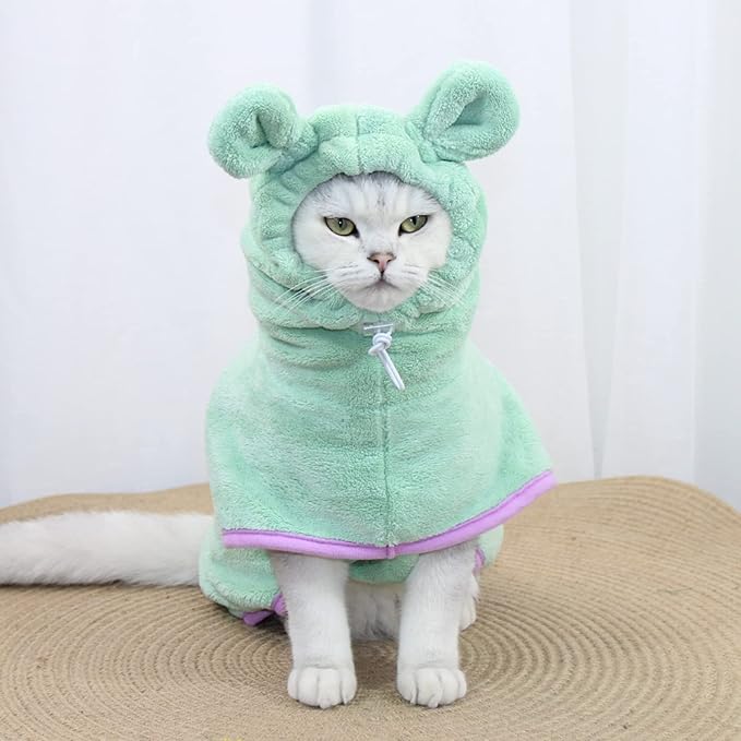 Dog Bathrobe Towel, Cat Bathrobe Microfiber Fast Drying Absorbent Hooded Bath Towel for Puppy Small Medium Large Dog Cat(Green,XS)