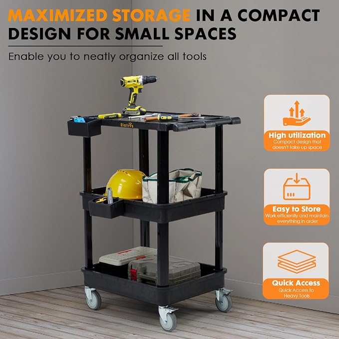 3-Tier Flat Top & Deep Tub Rolling Utility Cart, 27.5 x 18.25 in (Pack of 2)
