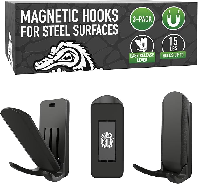 GATOR MAGNETICS Dual MINI Hooks, 15 lb Magnetic Hooks, Black – 3 Pack | For coats, bags, towels, hats & leashes. Fridges, offices, classrooms, cruise cabins & lockers.