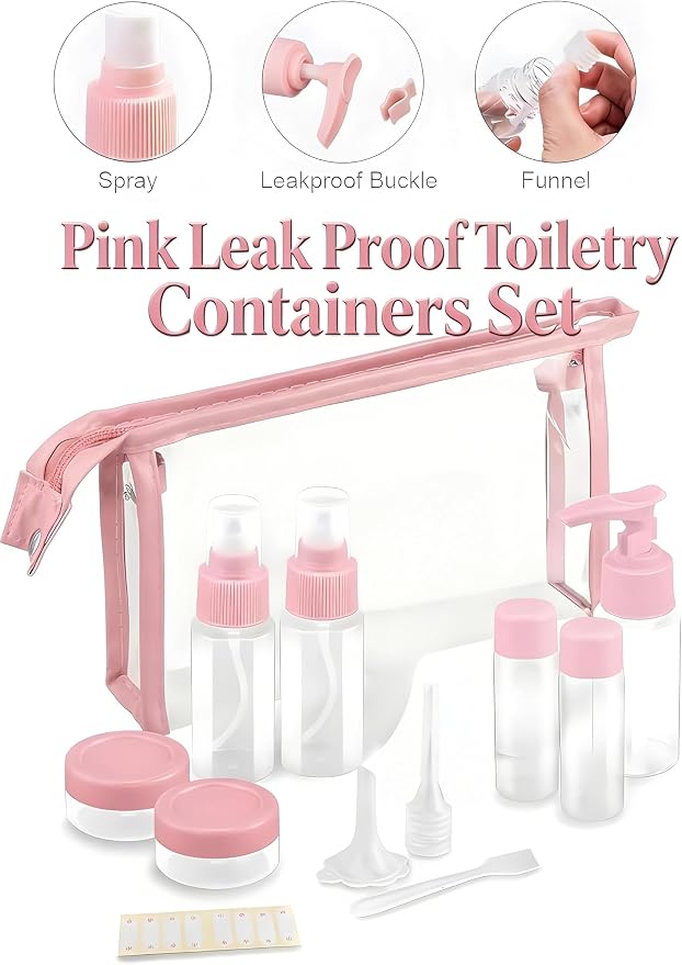 Travel Bottles Kit,11pcs TSA Approved Leak Proof Toiletry Container | PET plastic, leak-proof, TSA size, 40ml bottles, sprayers, jars, bag included, for lotion, shampoo, travel, gym