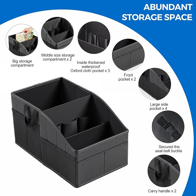 WHHMK Sturdy Leather Car Storage Support Up to 33 LB,Carbon Fiber Texture | Car Backseat Organizers, Front Seat Organizer, Floor Organizer and Storage Used for SUV Truck Toy Snack Water Bottle Holder