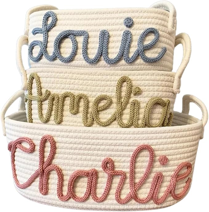 Personalized Baby Name Basket Cotton Rope Basket Diaper Caddy Custom Cotton Rope Room Shelf Storage Basket, Baby Stuff Organizer Storage Bin, Decorative Round Bin for Nursery Bedroom Bathroom(Style A)