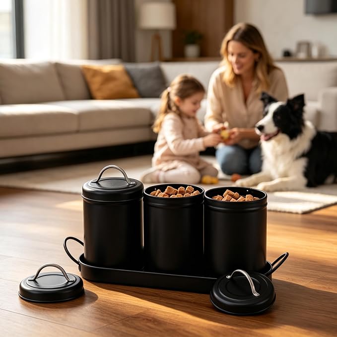 Dog Treat Container Airtight Set with Lid, 3 Dog Treat Jar with Tray | Metal Black Dog Food Storage Container with Labels & Marker, Dog & Cat Treat Holder, Easy Open Lid & Easy Carry Handles