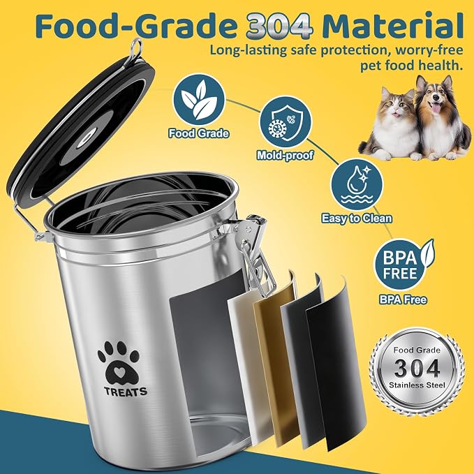 ENONCI Airtight Dog Treat Canister, 304 Stainless Steel Food Storage Jar with Date Dial Silver-2.8L