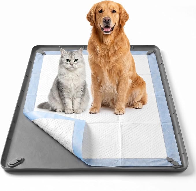 Pee Pad Holder for Dogs, 36" x 25" Non-Slip Silicone Dog Puppy Pad Holder, No Spill Raised Lip High Edge,Portable, Magnetic fixation，Leak-Proof Mat Holder, Square Potty Trays for Home Floor Protection