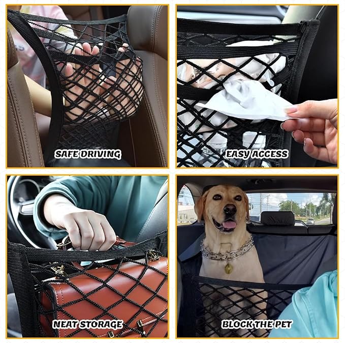3-Layer Car Mesh Organizer, Car Purse Holder Between Seats, Elastic Tissue Purse Holder Driver Storage Netting Pouch, Auto Interior Accessories Barrier of Backseat Pet Kids for SUV Truck Van