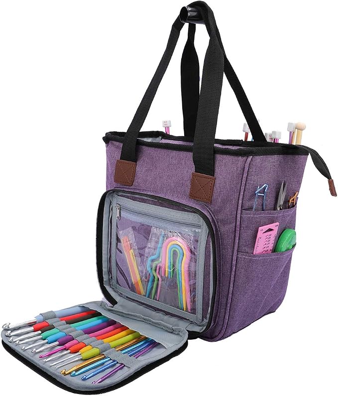 Coopay Crochet Bag w/Shoulder Strap, Yarn Storage Knitting Tote Bag-Purple | Portable Traveling Crochet for Crocheter, Large Capacity Storage Crochet Supplies Yarn Organizers Unfinished Project