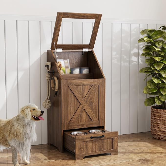 Pet Feeding Station with Storage Cabinet & 2 Elevated Bowls,Hooks,Walnut | Flip-top Sealed Food Bin.Pull-out Bowl Drawer with Wheels.3 Side Hooks+Internal Shelf for Cans.Anti-tip Device.For Dogs/Cats.