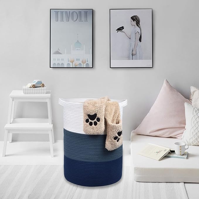 Cotton Rope Blanket Basket, 72L Tall Laundry Hamper, White & Blue