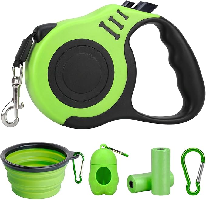 PETIMP Retractable Dog Leash Lightweight 16FT Leash Set | with Folding Bowl,Dispenser,waste Bags, for Small Medium Dogs(Green)