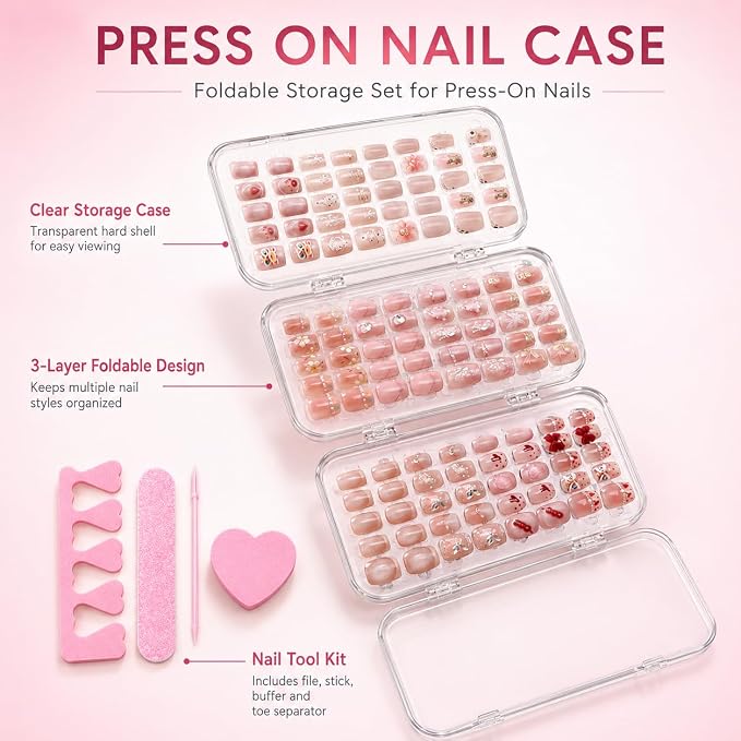 Tri-Fold Press On Nail Organizer Case | 4-Page Portable Storage Box for Fake Nails, Clear PET Plastic Travel Holder (6×3.2×1.8 inch)