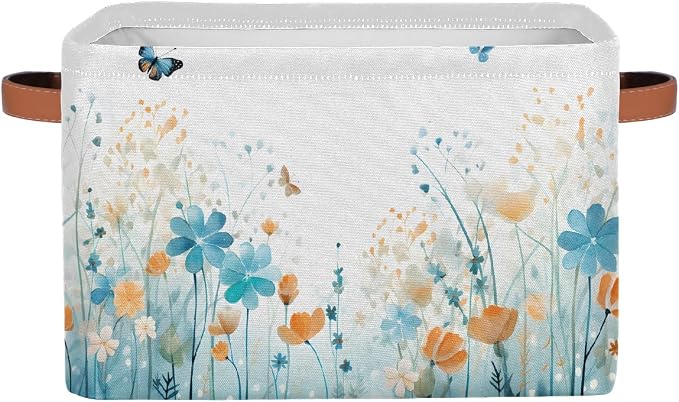 Watercolor Flower Butterfly Rectangular Storage Bin Collapsible Storage Basket Organizer Boxes with Leather Handle Storage Cube for Shelves Toy Laundry Nursery 1 PC
