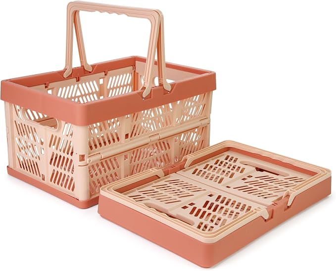 Domiella 2-Pack Foldable Storage Baskets, 20L Collapsible Crates PP Pink | Comfortable carry handles, space-saving design, sturdy PP construction for home storage shopping camping and picnics
