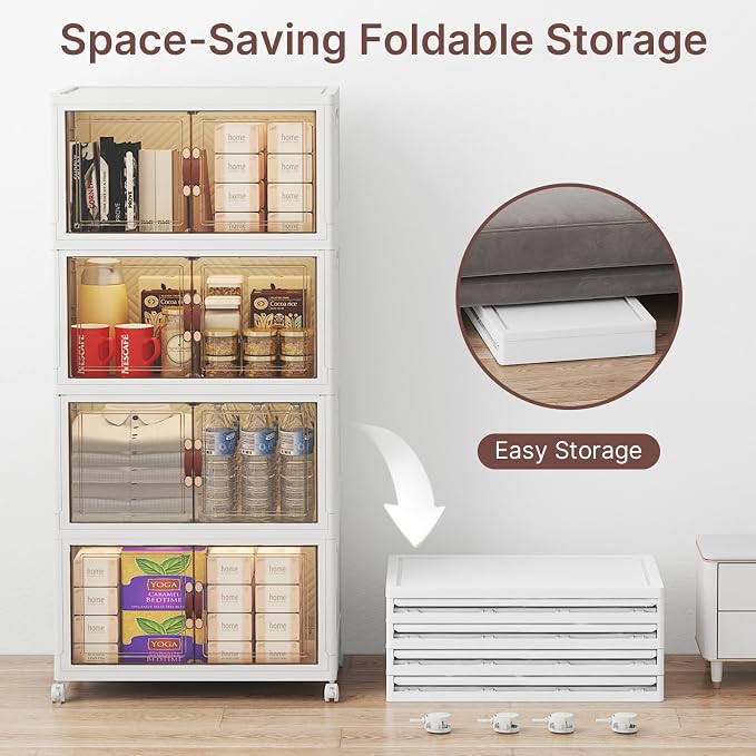 Stackable Storage Bins with Lids, 384QT Lockable Storage Cabinet | Folding Storage Box with Doors and Wheels, Collapsible Plastic Drawers for Home, Garage, Office