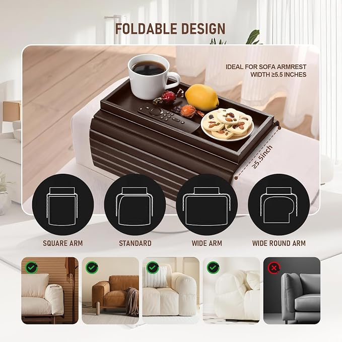 Bamboo Sofa Arm Tray Table, Foldable Couch Arm Tray Side Table, Anti-Falling Armrest Tables Cup Holder for Snacks, Couch Armrest Organizer, Serving Tray for Snacks and Drinks (Brown)