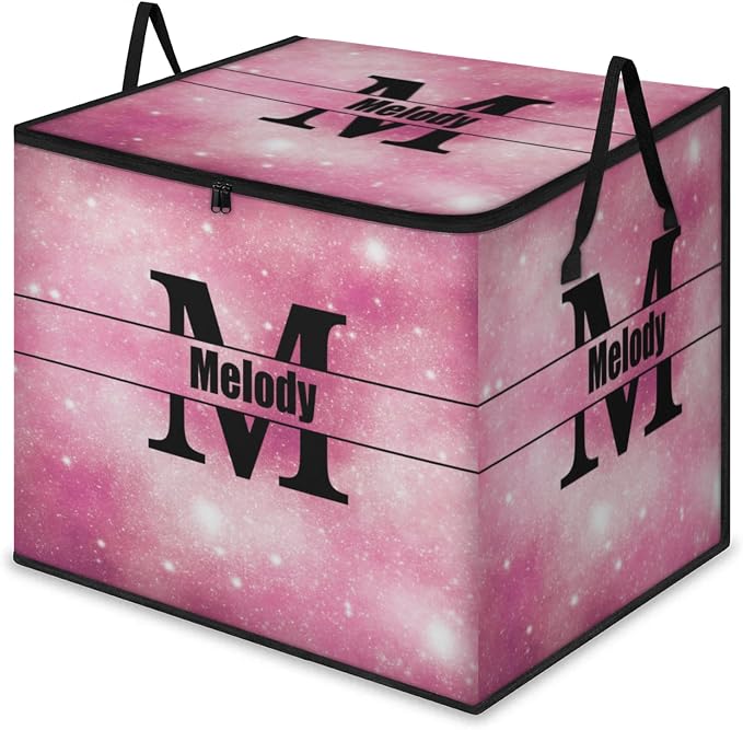 Personalized Extra Large Storage Bins with Lid, Customized Name Jumbo Storage Basket Rectangle Clothes Organizer for Organizing Kids and Pets Toys Shelf Closet, Pink Galaxy with Initial Letter