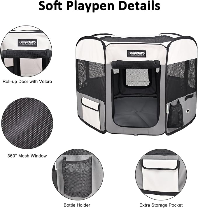 Jespet Soft Dog Playpen, Portable Pet Exercise Pen Kennel with Carry Bag | 2-Door, Easy to Fold, Ground Stakes, Zipper Locks, Large Storage Pocket, Washable Top Mesh Cover & Bottom Cover