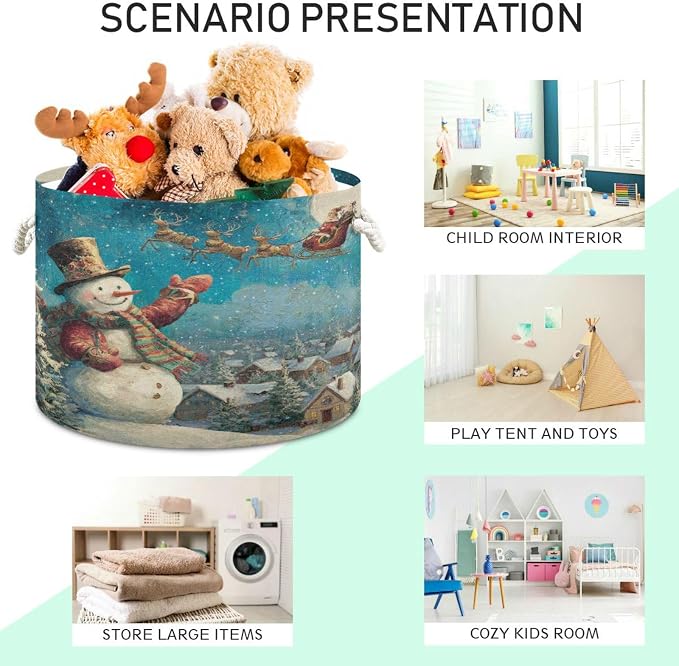 DOMIKING Large Storage Basket for Toys Santa Christmas Snowman Blue Print Storage Bin Box Kids Laundry Hamper for Playroom Nursery Clothes Home Decor