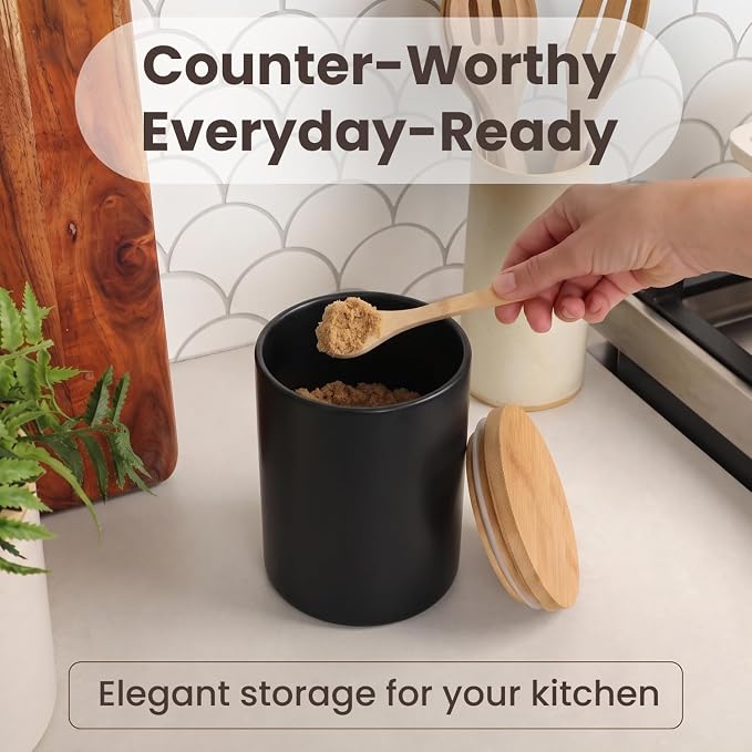 Arthausen Black Ceramic Storage Jar Canister for Flour Sugar - Airtight Bamboo Lid w/Silicone Seal, Spoon - Modern Abstract Art Design for Kitchen Counter Bathroom - 4 cup / 1080mL