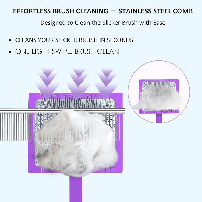 Dog Slicker Brush for Goldendoodles, Poodles & Long Haired Dogs - Long Pin Doodle Brush & Pet Comb Kit Removes Tangles Loose & Knots, Professional Grooming Tools with Wooden Handle, Purple