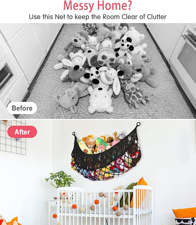 Stuffed Animal Hammock - Extra Large 63'' Long (Black) | Premium Cotton Hand-knitted, Beautiful Long Tassel, Storage Hanging Organizer, Can Fit Stuffed Animals 40 Piece or More