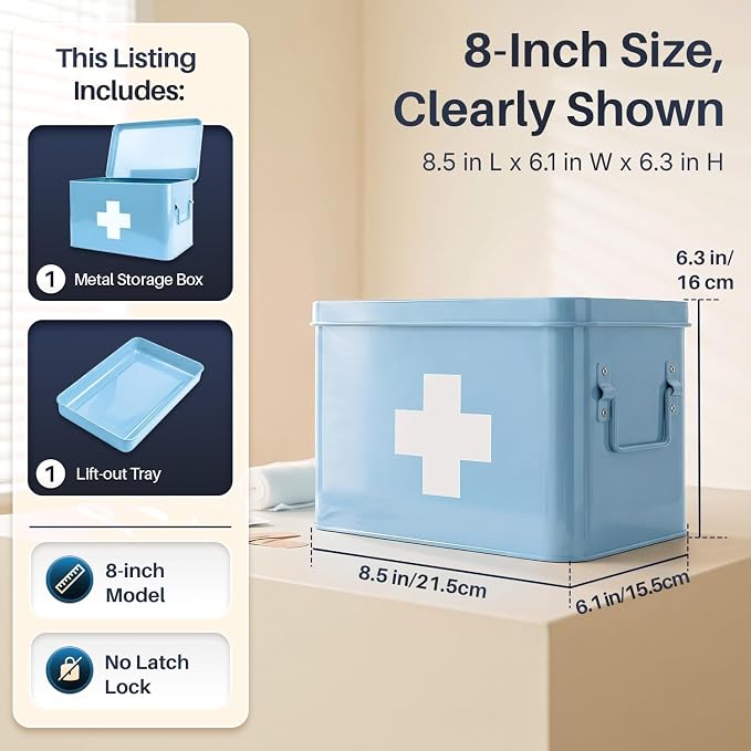Flexzion Large Metal First Aid Box Empty, 8.5-Inch, Blue with White Cross | Vintage Medicine Box and First Aid Storage Organizer with Removable Tray and Dividers; Empty Box Only, Supplies Not Included