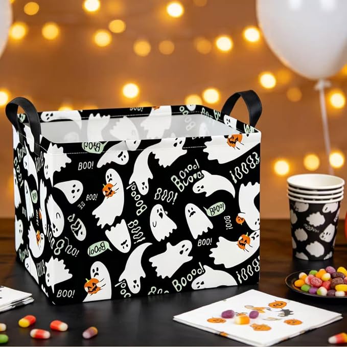 NTAO Gift Storage Basket Empty for Halloween, Storage Bin with Handles, Room Decor, Book Box(Black Ghost Boo)