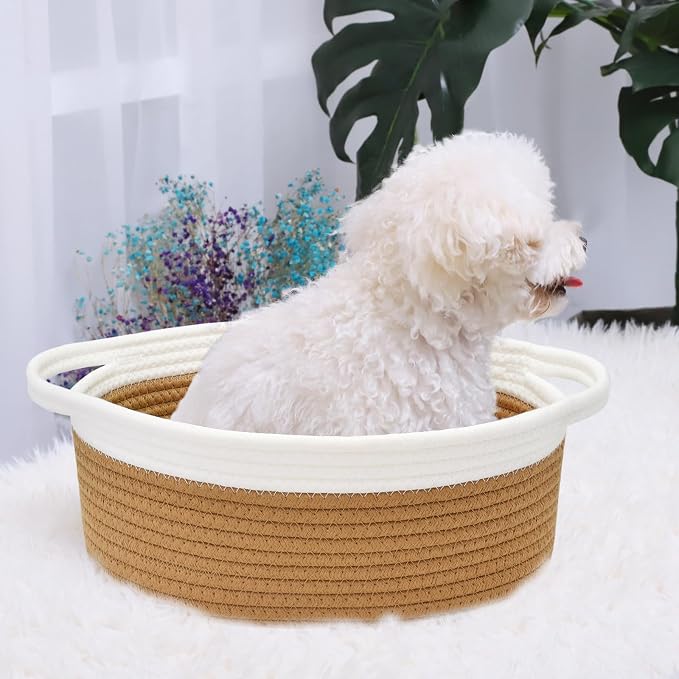 ABenkle Small Basket with Handles, Boho Decorative Rope Woven Dog Cat Toy Storage Bin Shelf Storage Organizer, Easter Christmas Gift Basket, 12"x8"x5", Brown