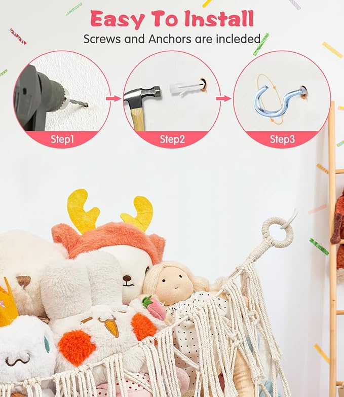 Stuffed Animal Net Hammock, Save Space Eliminate Clutter (white) | Premium Cotton Hand-knitted plush hammock, Boho Stuffed Animal Storage for Nursery, Bedroom Decor, playrooms