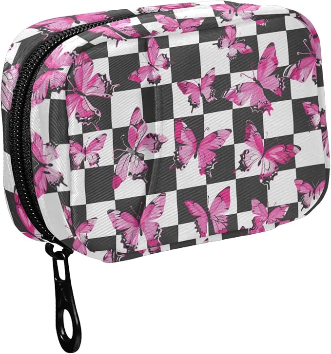 Fustylead Pink Butterflies Print Over Checkers Background Travel Pill Case Bag with Zipper Weekly Pill Box 8 Compartments 7 Day Personal Pill Case Purse Medicine Case Organizer
