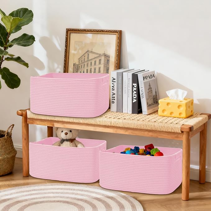 3 Pack Large Storage Basket for Organizing, 17.5"x13"x7" Woven Basket for Shelves, Closet Cube Storage Bins with Wrapped Handle, Cotton Rope Baskets for Kitchen, Clothes, Toys(Light Pink)