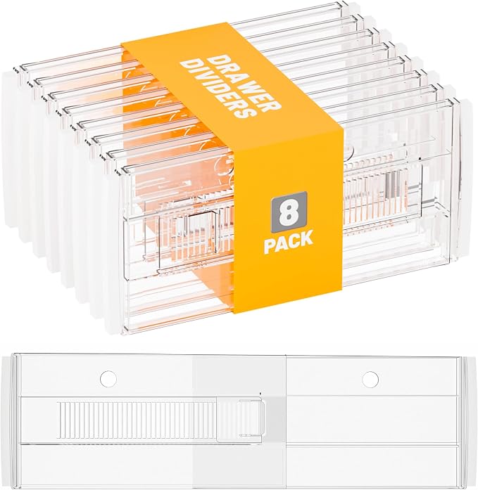 8 Pack 6 Inch Tall Acrylic Drawer Divider for Clothes-Expandable from 12.3-18''-Adjustable Dresser Deep Drawer Dividers for Baby Clothing,Underwear,Clear in Drawer Separators for Kitchen,Office