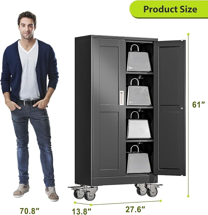 61-Inch Metal Garage Storage Cabinet with Wheels, Locking Doors and Shelves | 3 Adjustable Shelves, Locking Doors, Magnetic Closure, 360° Casters, Anti-Tip Kit, Cold-Rolled Steel