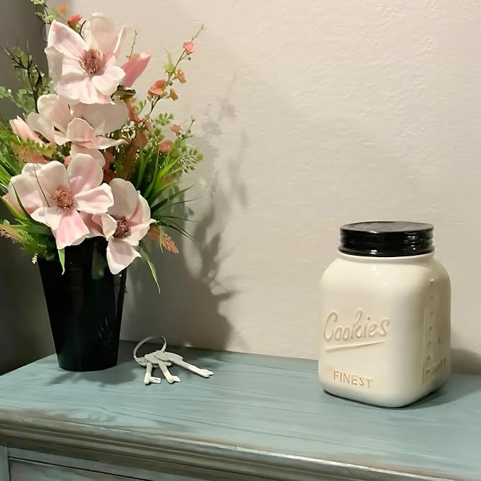 Young's Inc. Ceramic Cookie Jar - Cute Kitchen Counter Storage Canister with Lid - Perfect for Cookies, Coffee, Tea, Candy, Dog Treats, and More - Cookies Finest - Black, White