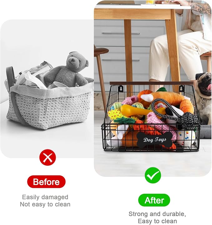 Metal Dog Toy Basket, Medium Dog Toy Box for Living Room Area ﻿ | Chew Proof Dog Toy Bin for Dog Accessories, Wire Basket for Pet, Dog Storage Organizer with Wood Shelf,(11.8"x12"x8")