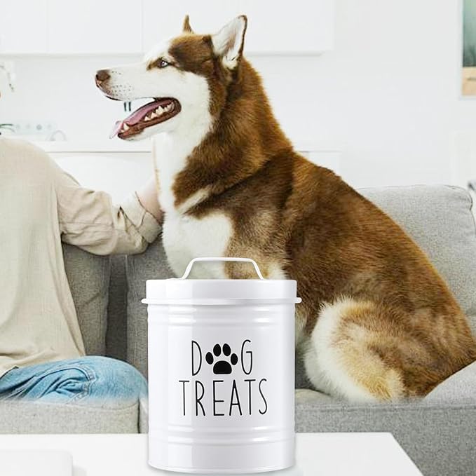 Sealed Storage Container Dog Food Organizer Pet Treat Storage Bin Airtight Metal Jar Rubber Seal Smooth Handle Compact Wide Opening Suitable for, White