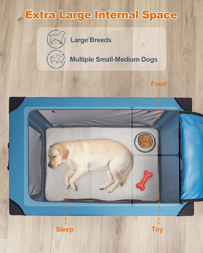 Ownpets 48 inch XXL Collapsible Dog Crate for Large Dogs, Portable Travel Dog Crate, 4-Door Foldable Pet Kennel with Durable Mesh Windows and Soft Mat, Blue | Foldable, Portable, 4-Doors, 4-Side Mesh Windows, Steel Frame Oxford Cloth, Soft Cushion Mat,...