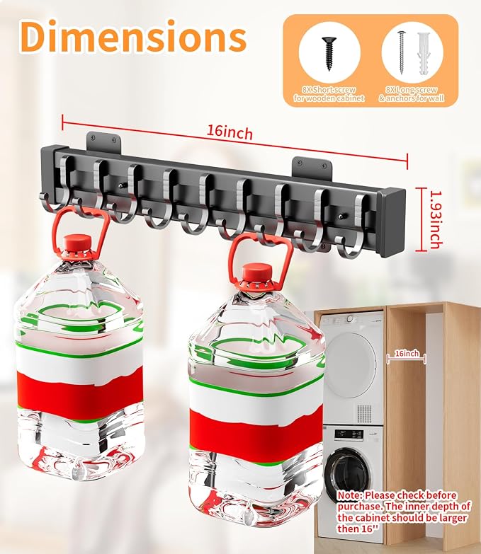 Pull Out Broom Holder With 9 Adjustable Row Sliding Hook - Black 16.14inch | High Load Capacity, Multifunctional Slide Broom And Mop Storage/Organizer Garage Organization Hook, for Closet Laundry Garage
