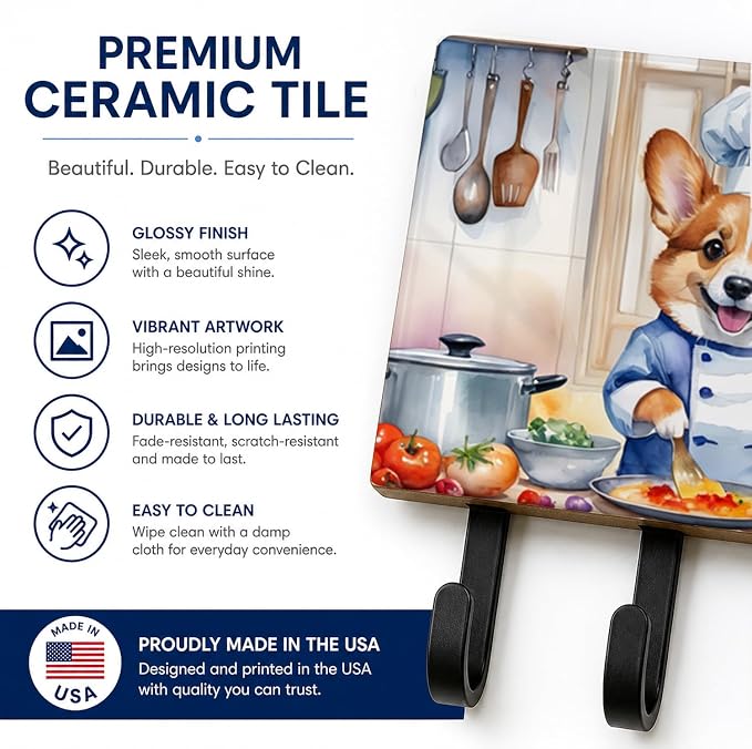 Caroline's Treasures Corgi The Chef Leash or Key Holder Wall Hooks, Key Hooks Holder, Coat Rack Wall Mount, Coat Hooks, Hooks for Hanging Keys, Towels, Aprons, Leashes | Corgi The Chef artwork on ceramic tile with three steel hooks for keys, leashes, t...